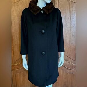 50s Coat Black Vintage Wool Fur Collar Fully Lined Size Large